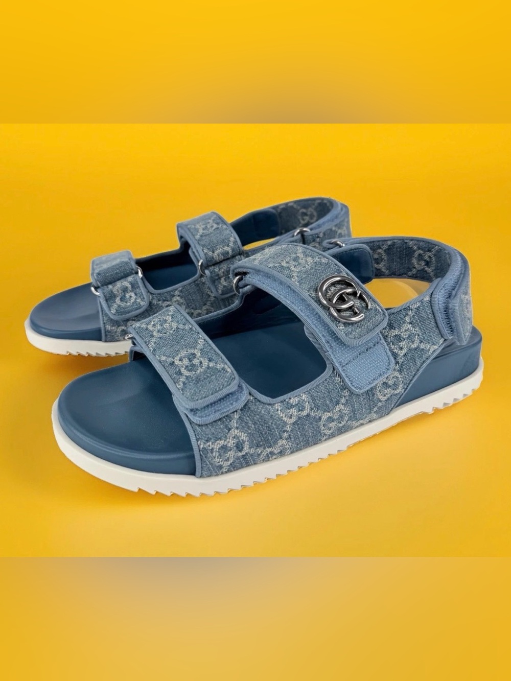 Gucci Moritz Blue Denim Jacquard Slingback Double G Logo Flat Sandals EU 39.5